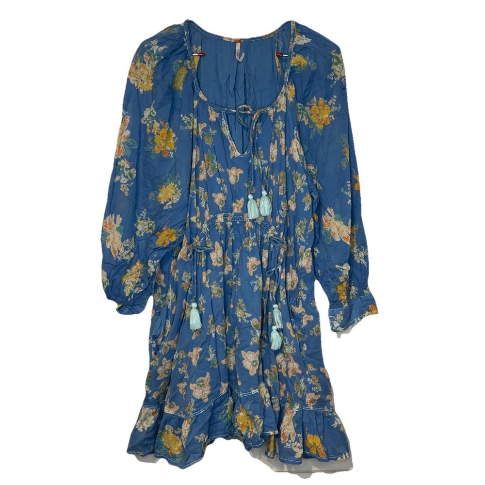 Free People Women's Dress Peasant Floral Tassel 3/4 Sleeve Cotton Blue Medium